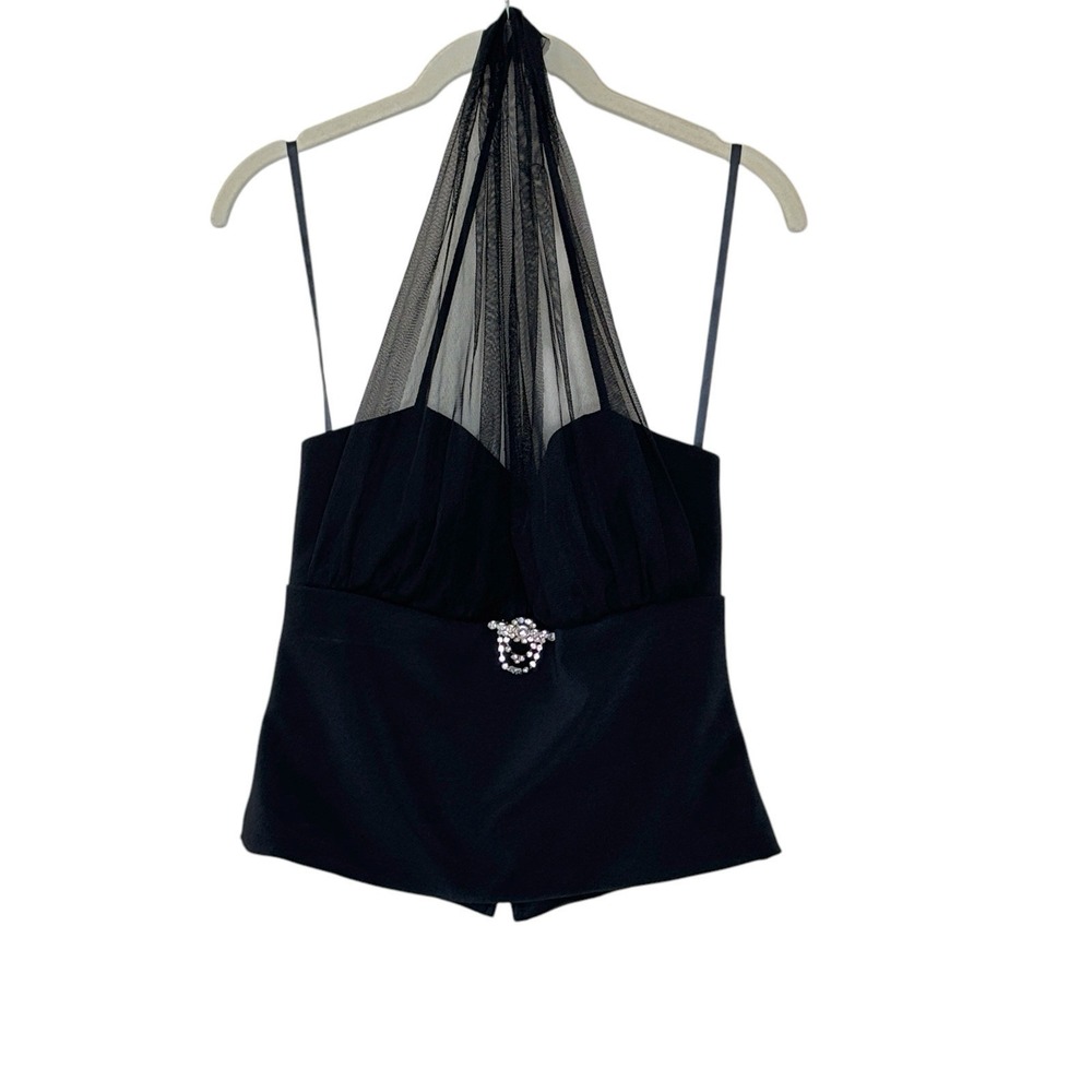 Betsy & Adam Black Crop Top with Sheer Overlay